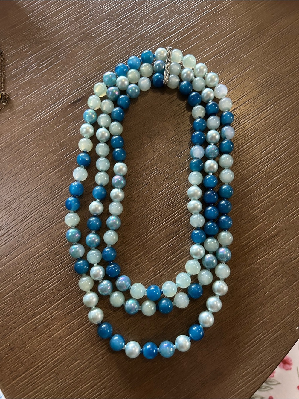 Vintage  Triple-Strand Blue and White pop- Bead Necklace